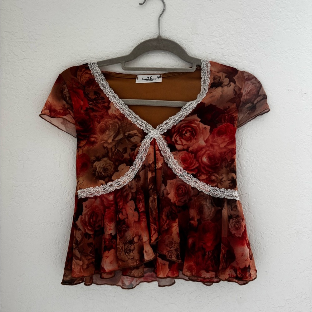 Rebellious Rose Rust Floral Lace-Trim Short Sleeve Blouse